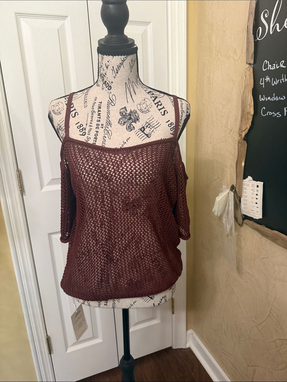 Open-Knit Cold Shoulder Sweater Top - Deep Burgundy